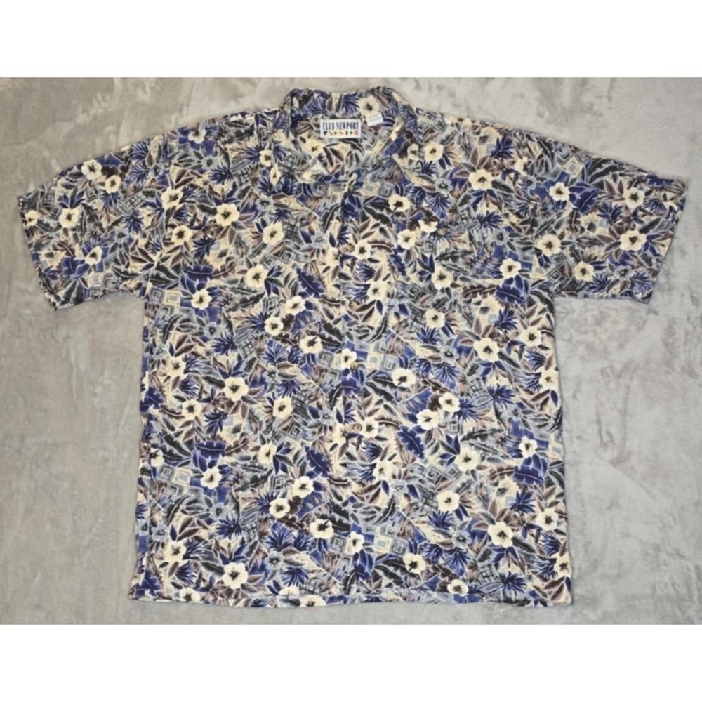 Club Newport Men's Hawaiian Shirt Rayon XL Tropical Aloha Floral AllOver Print